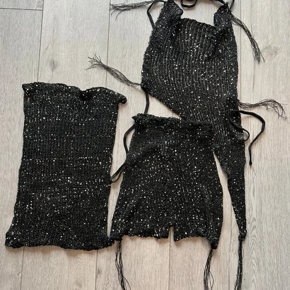 Hooded Boho Sequin Mesh Asymmetrical Matching Black Set Shorts Festival Rave NWT - Picture 5 of 5